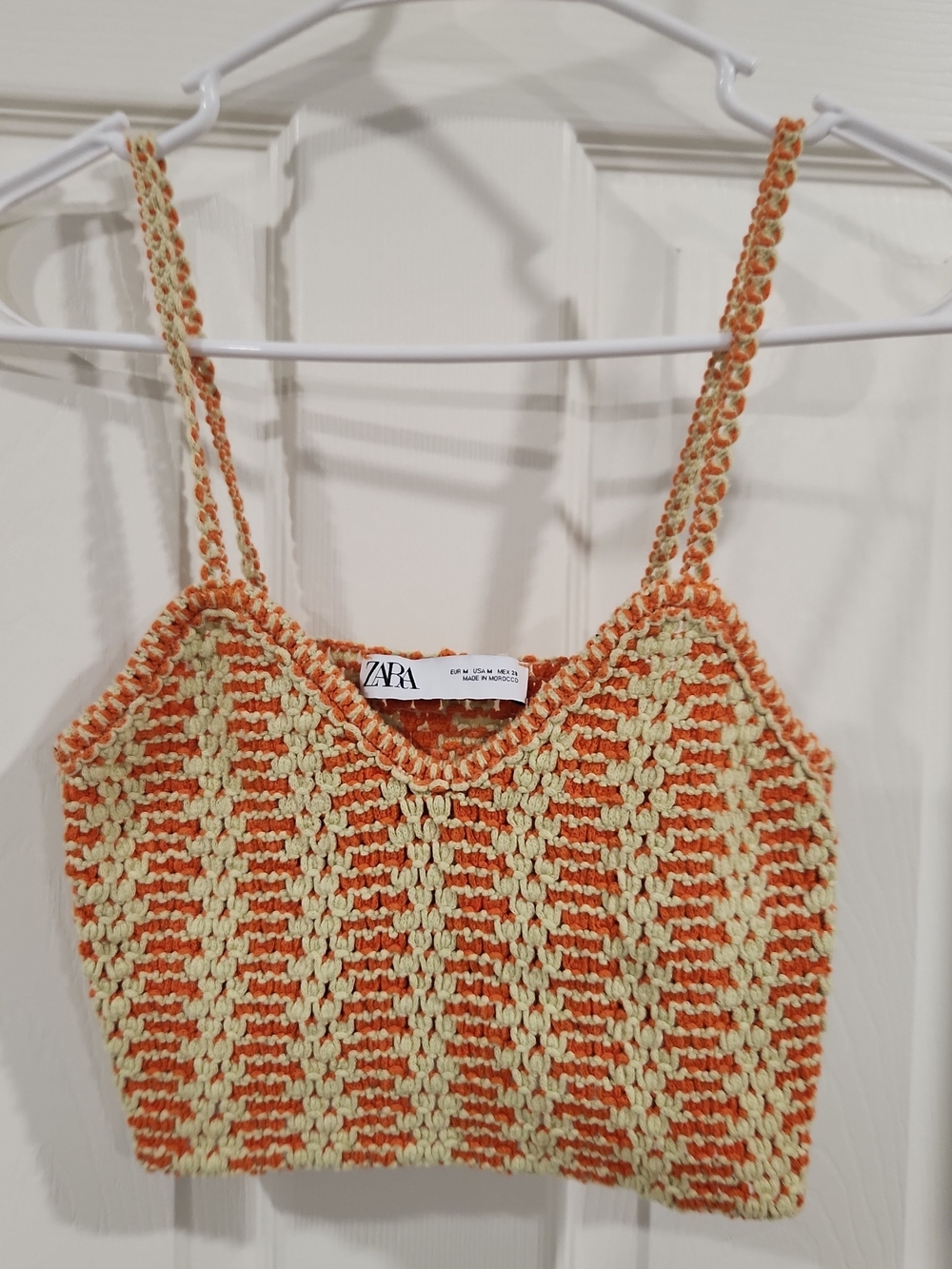 Zara Crochet Knit Crop Top Size M Orange Yellow Striped Retro 70s Tank